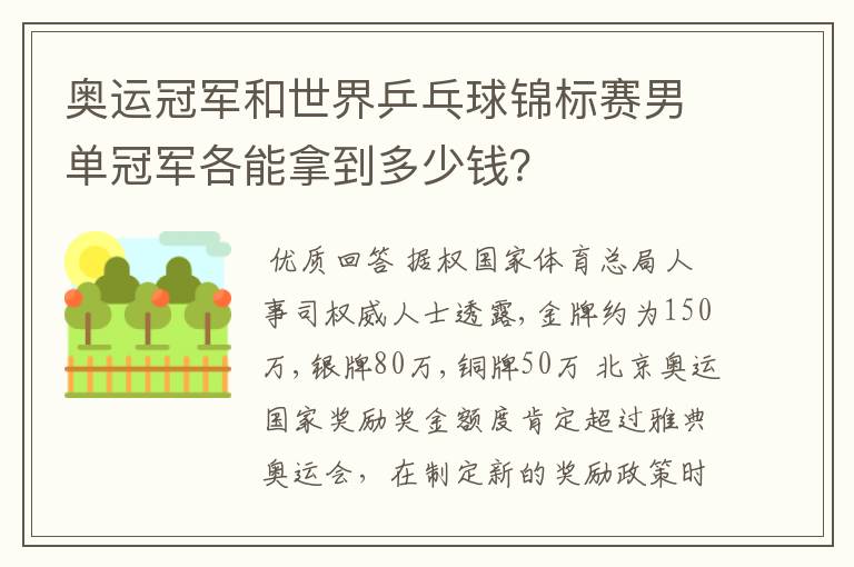 奥运冠军和世界乒乓球锦标赛男单冠军各能拿到多少钱？