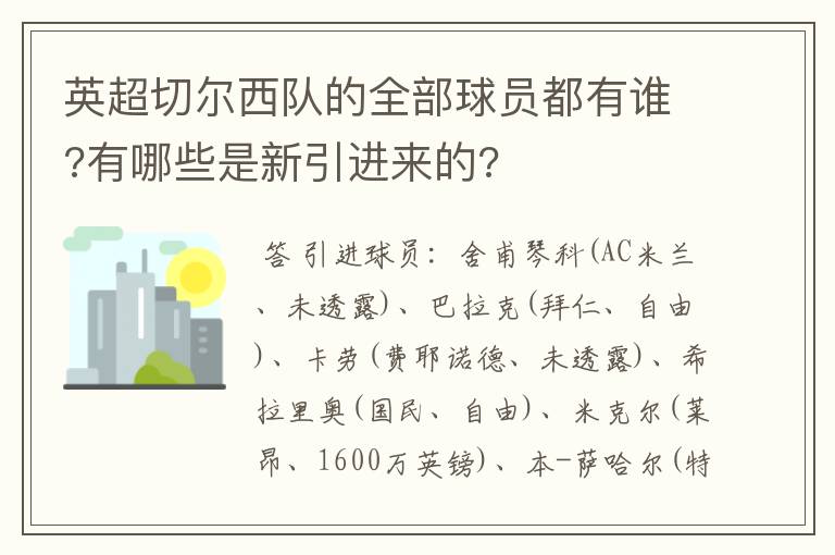 英超切尔西队的全部球员都有谁?有哪些是新引进来的?