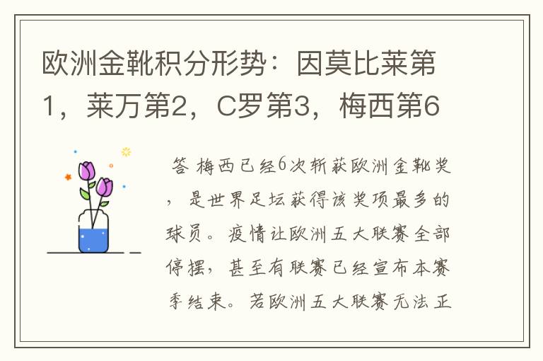 欧洲金靴积分形势：因莫比莱第1，莱万第2，C罗第3，梅西第6