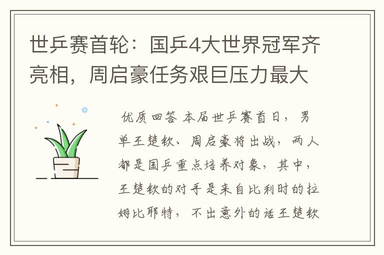 世乒赛首轮：国乒4大世界冠军齐亮相，周启豪任务艰巨压力最大