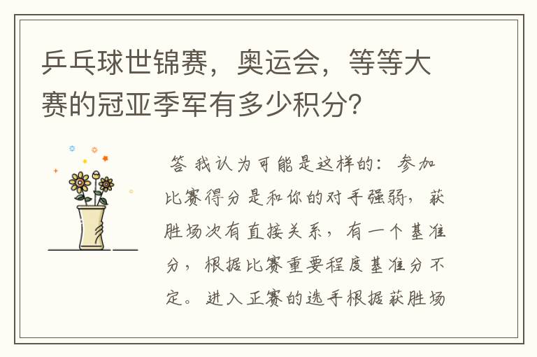 乒乓球世锦赛，奥运会，等等大赛的冠亚季军有多少积分？