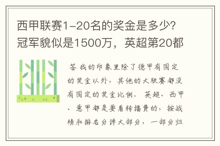 西甲联赛1-20名的奖金是多少？冠军貌似是1500万，英超第20都是4000万呀！