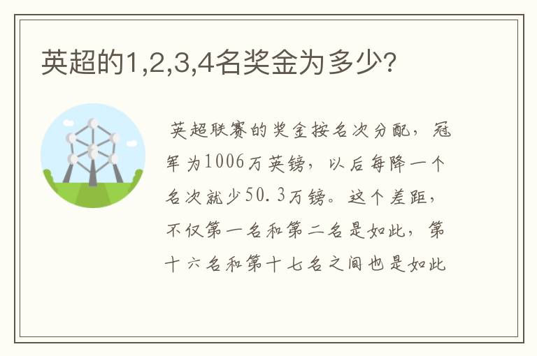 英超的1,2,3,4名奖金为多少?