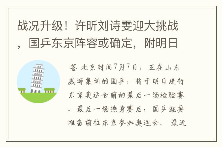 战况升级！许昕刘诗雯迎大挑战，国乒东京阵容或确定，附明日赛程