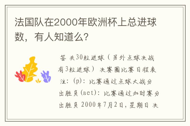 法国队在2000年欧洲杯上总进球数，有人知道么？