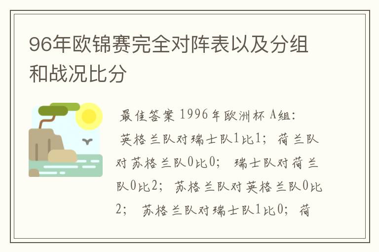 96年欧锦赛完全对阵表以及分组和战况比分