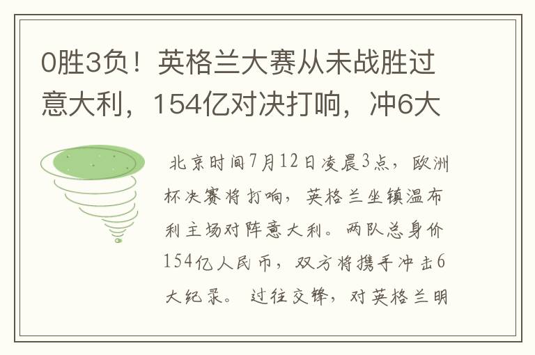 0胜3负！英格兰大赛从未战胜过意大利，154亿对决打响，冲6大纪录