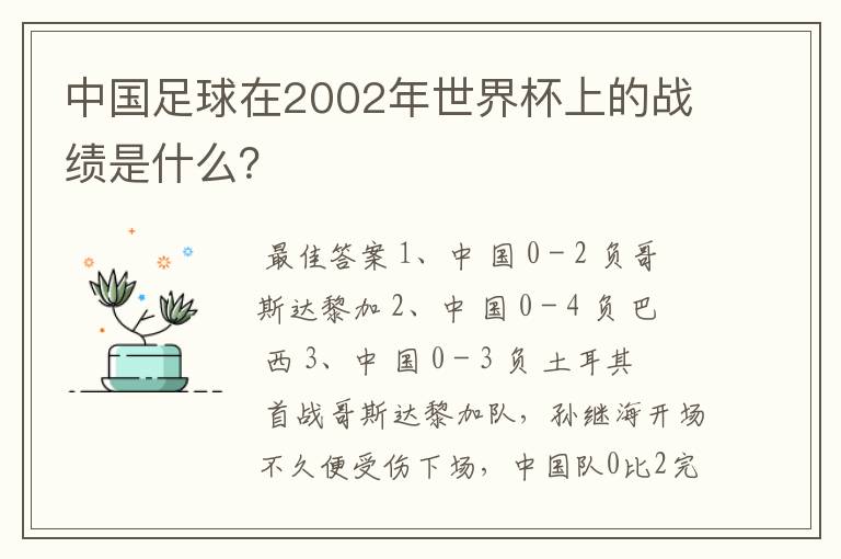 中国足球在2002年世界杯上的战绩是什么？