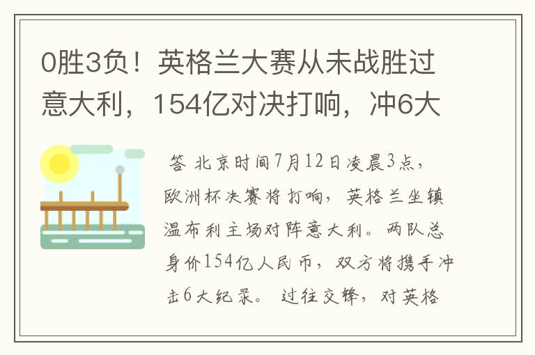 0胜3负！英格兰大赛从未战胜过意大利，154亿对决打响，冲6大纪录