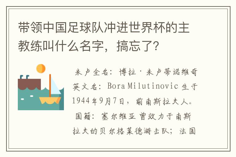 带领中国足球队冲进世界杯的主教练叫什么名字，搞忘了？