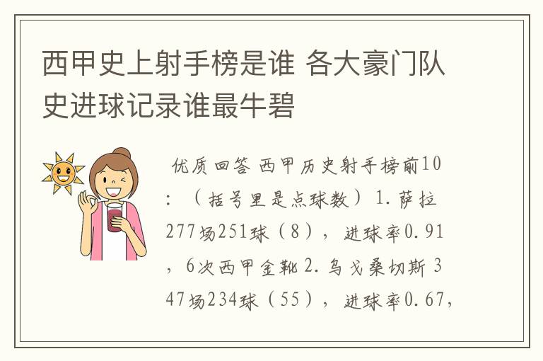 西甲史上射手榜是谁 各大豪门队史进球记录谁最牛碧