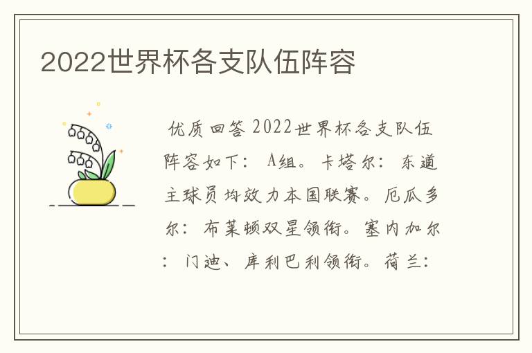 2022世界杯各支队伍阵容