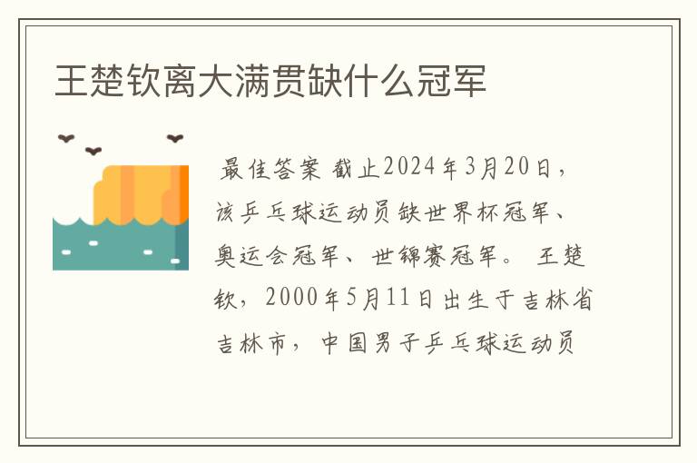 王楚钦离大满贯缺什么冠军