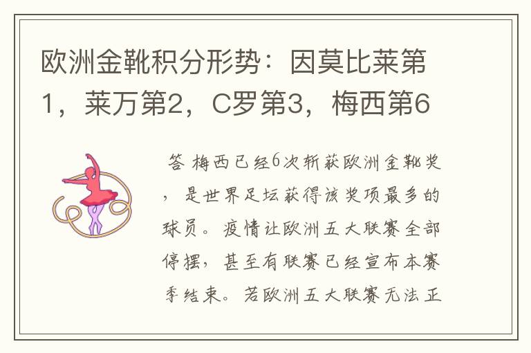 欧洲金靴积分形势：因莫比莱第1，莱万第2，C罗第3，梅西第6