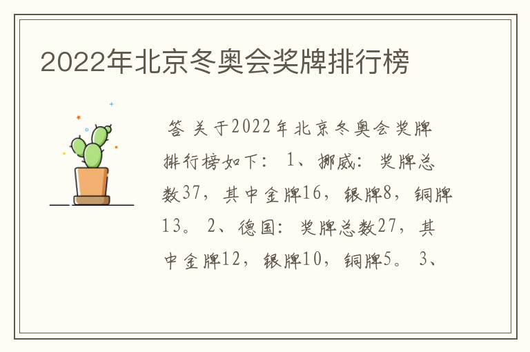 2022年北京冬奥会奖牌排行榜