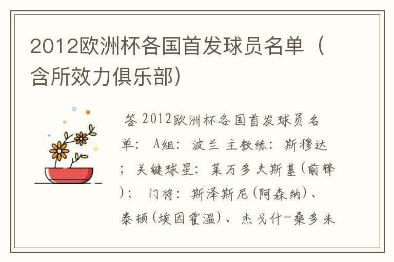 2012欧洲杯各国首发球员名单（含所效力俱乐部）