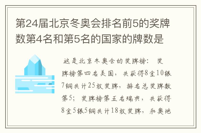 第24届北京冬奥会排名前5的奖牌数第4名和第5名的国家的牌数是多少？