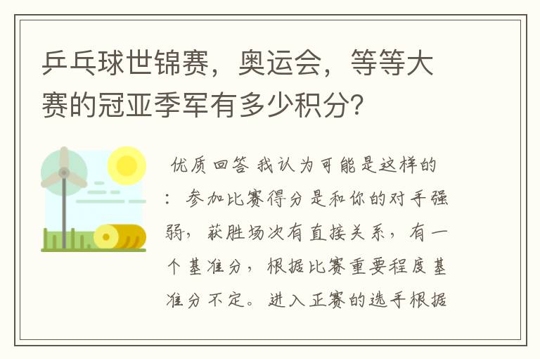 乒乓球世锦赛，奥运会，等等大赛的冠亚季军有多少积分？