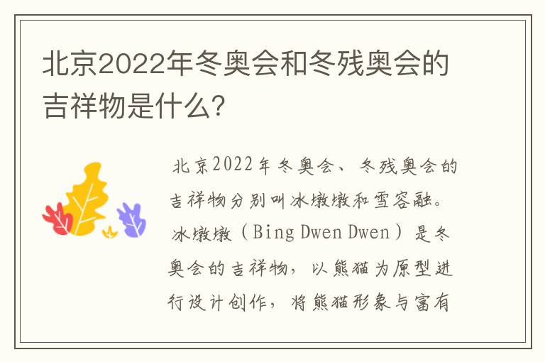 北京2022年冬奥会和冬残奥会的吉祥物是什么？