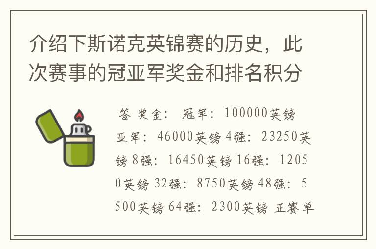 介绍下斯诺克英锦赛的历史，此次赛事的冠亚军奖金和排名积分各是多少？