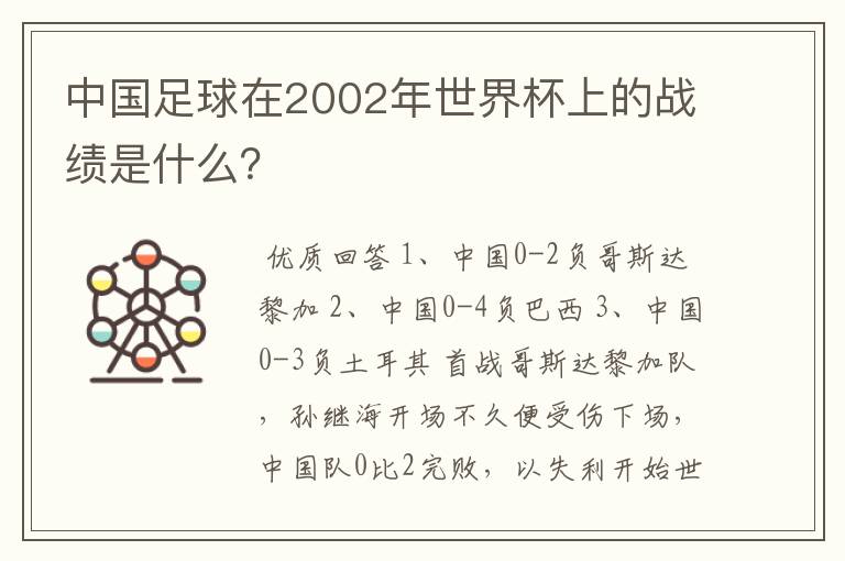 中国足球在2002年世界杯上的战绩是什么？