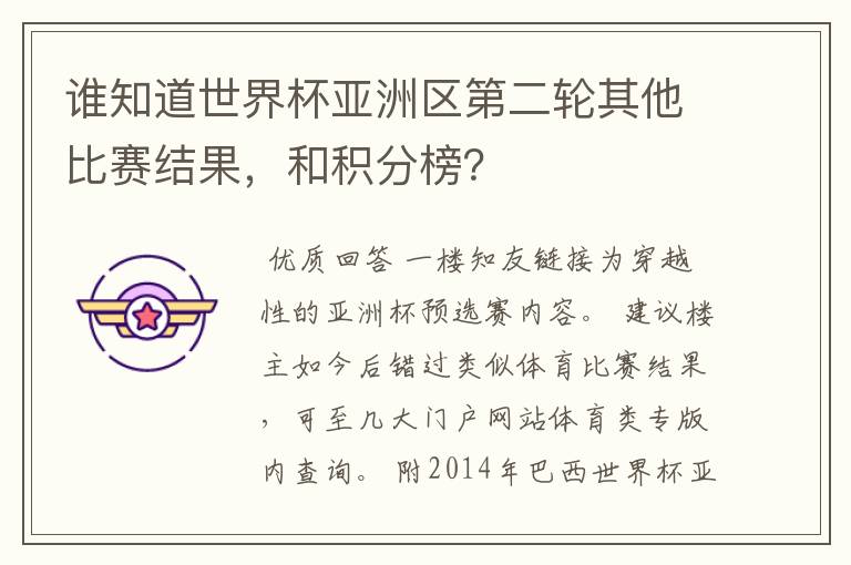 谁知道世界杯亚洲区第二轮其他比赛结果，和积分榜？