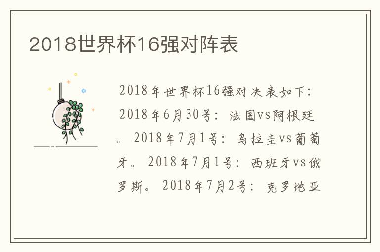 2018世界杯16强对阵表