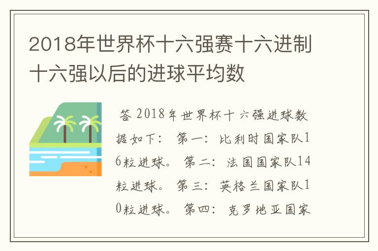 2018年世界杯十六强赛十六进制十六强以后的进球平均数