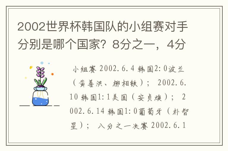 2002世界杯韩国队的小组赛对手分别是哪个国家？8分之一，4分之一，半决赛决赛呢？比分分别是