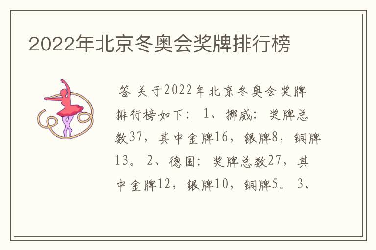 2022年北京冬奥会奖牌排行榜