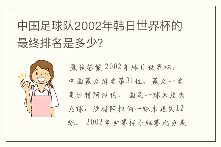 中国足球队2002年韩日世界杯的最终排名是多少？