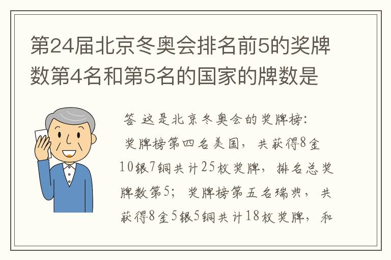 第24届北京冬奥会排名前5的奖牌数第4名和第5名的国家的牌数是多少？