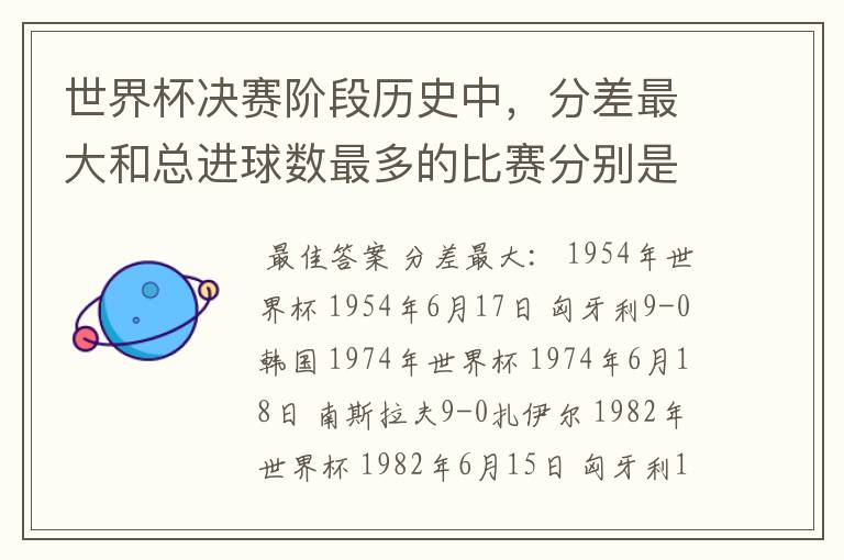 世界杯决赛阶段历史中，分差最大和总进球数最多的比赛分别是哪两场？