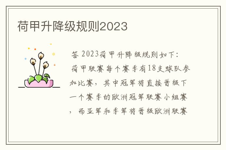 荷甲升降级规则2023