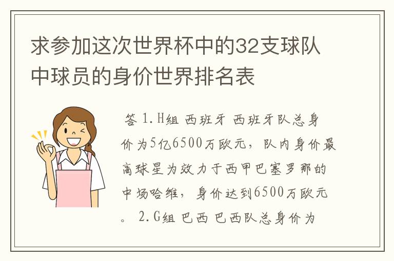 求参加这次世界杯中的32支球队中球员的身价世界排名表