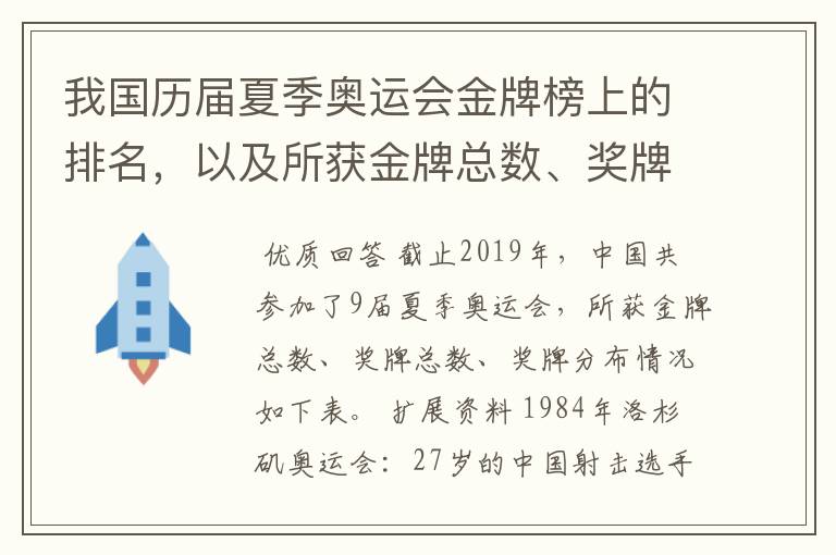 我国历届夏季奥运会金牌榜上的排名，以及所获金牌总数、奖牌总数、奖牌分布等情况。