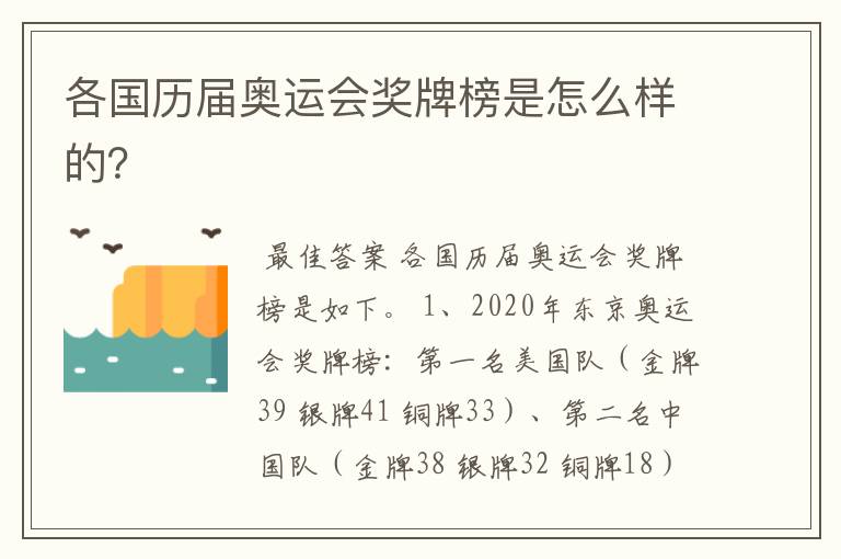 各国历届奥运会奖牌榜是怎么样的？