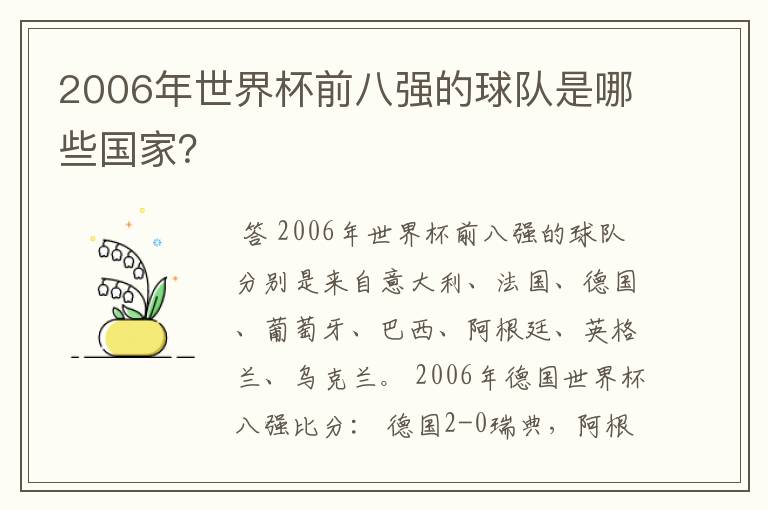 2006年世界杯前八强的球队是哪些国家？