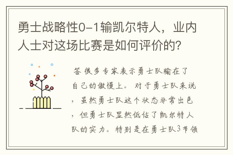 勇士战略性0-1输凯尔特人，业内人士对这场比赛是如何评价的？