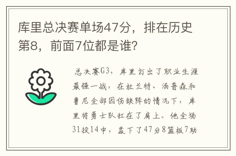 库里总决赛单场47分，排在历史第8，前面7位都是谁？