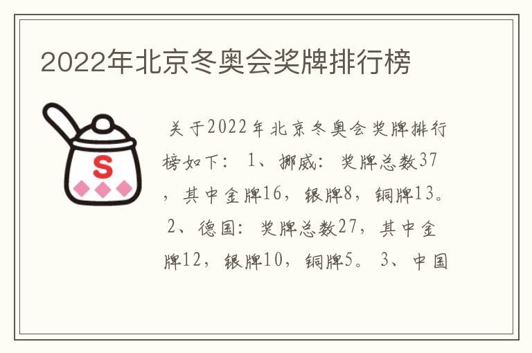 2022年北京冬奥会奖牌排行榜