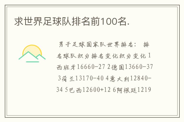 求世界足球队排名前100名.