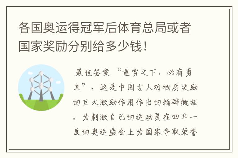 各国奥运得冠军后体育总局或者国家奖励分别给多少钱！