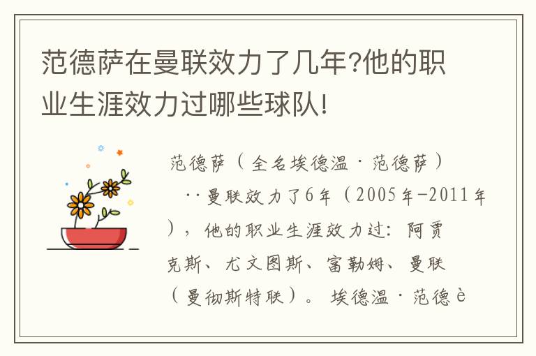 范德萨在曼联效力了几年?他的职业生涯效力过哪些球队!