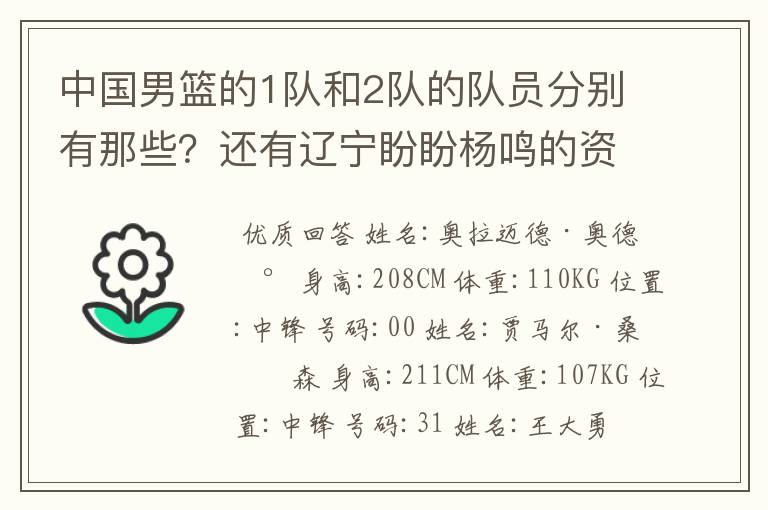 中国男篮的1队和2队的队员分别有那些？还有辽宁盼盼杨鸣的资料？杨鸣是中国男篮队的队员吗？