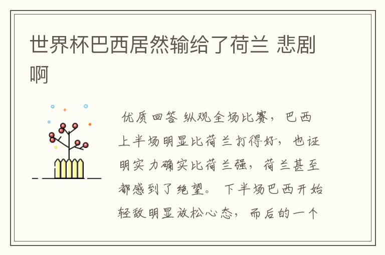 世界杯巴西居然输给了荷兰 悲剧啊