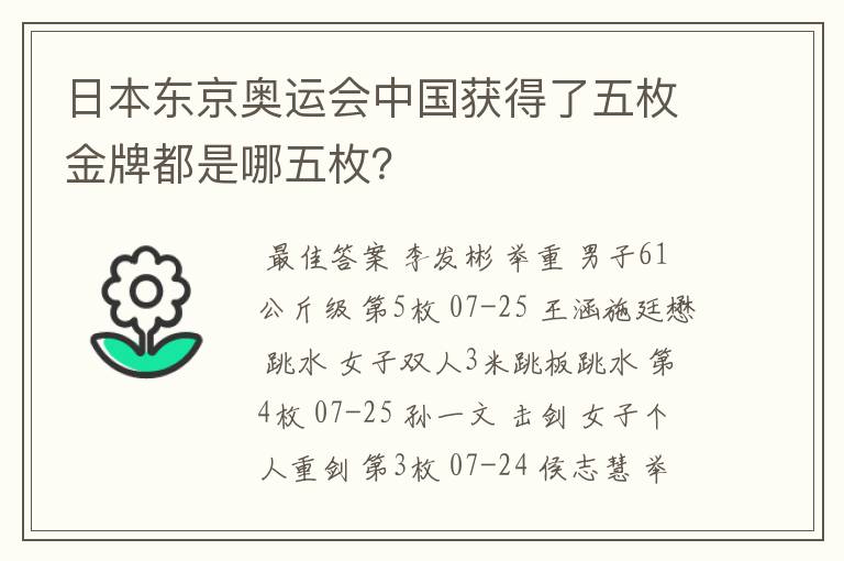 日本东京奥运会中国获得了五枚金牌都是哪五枚？