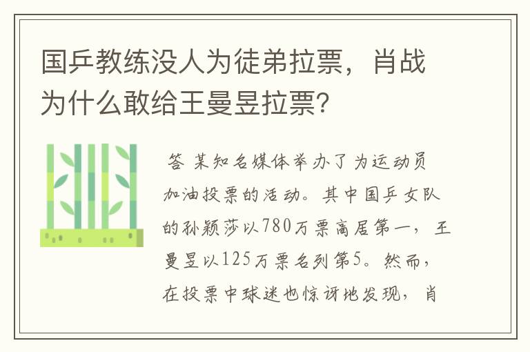 国乒教练没人为徒弟拉票，肖战为什么敢给王曼昱拉票？