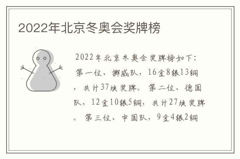 2022年北京冬奥会奖牌榜