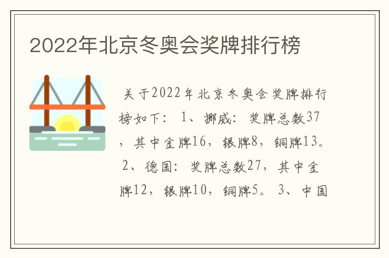 2022年北京冬奥会奖牌排行榜